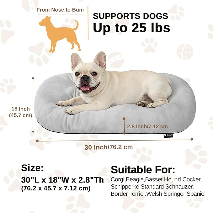 Washable Oval Medium Dog Bed, Silver-Tipped High-Resilience, Light Gray | Non-Slip Bottom Prevents Sliding, Soft Plush Short Fur, Machine Washable, Ideal for Crates/Apartments/Cozy Nooks,29"x18"x2.8"