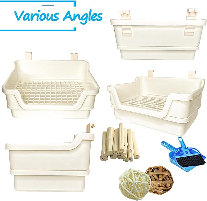 Hamiledyi Extra Large Rabbit Litter Box Pet Corner Toilet Small Animal Potty Trainer Huge Bunny Litter Pan with Plastic Grate Deep Dump Tray for Adult Guinea Pigs Chinchillas Ferrets Galesaurs White