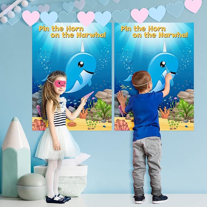 NEBURORA 2 Pack Pin The Horn on The Narwhal Party Game 2 Large 21"x 28" Posters with 48pcs Stickers Ocean-themed Birthday Party Supplies Decorations for Kids Boys Classroom Game Wall Home Decor