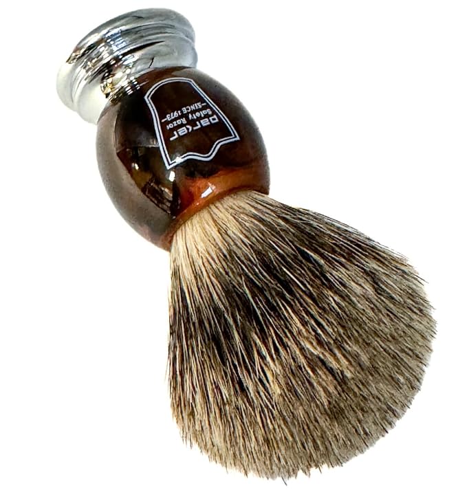 Parker 3-Band Pure Badger Shaving Brush with Faux Horn & Chrome Handle + Stand | 22mm Soft Knot for Dense Lather | Handcrafted Wet Shaving Brush for Cream or Soap | Long Loft