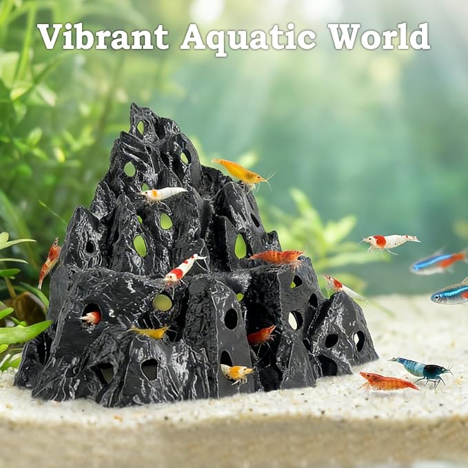 Rockery Cave, Aquarium Betta Fish Hideout Habitat Decor, Stable Resting Hiding Place for Cherry Shrimp, Dwarf Shrimp, Guppy and Small Fish (Black)