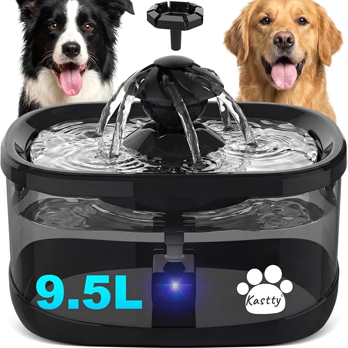 Kastty 9.5L Dog Water Fountain,Large Pet Water Fountain for Dogs Inside | 2.5Gal Quite Dog Water Bowl Dispenser with Water Window & LED,Dog Water Bowl with Multi-Filtration for Pets(FS82,Black)