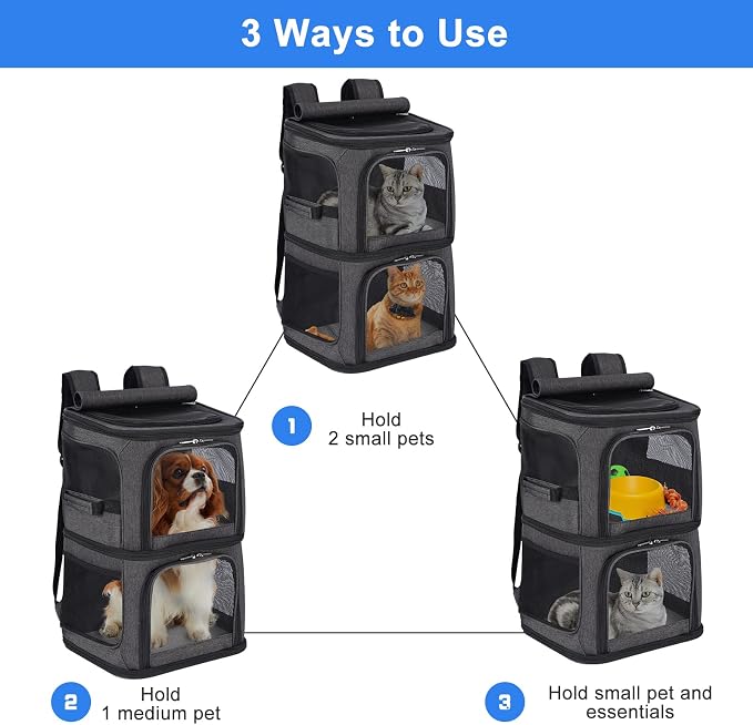 2-in-1 Double Pet Carrier Backpack for Small Cats & Dogs, Black | Portable Pet Travel Carrier with Super Ventilated Design, Ideal for Hiking, Camping and Outdoor Adventures