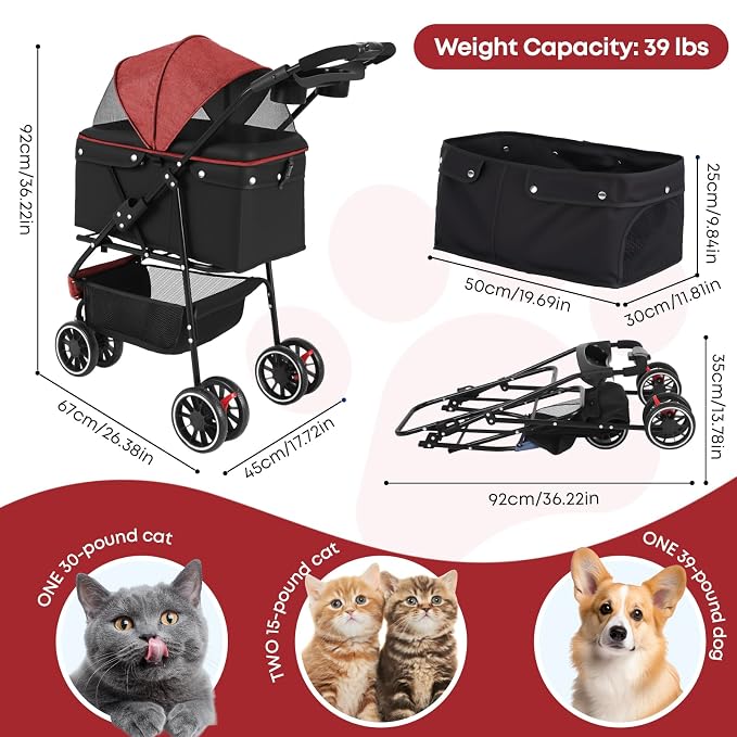 Pet Stroller,Dog Stroller for Small Medium Dogs Cats,3 Wheels,Red+Black | Foldable,with Breathable Mesh Canopy,Cup Holders,Easy Assembly