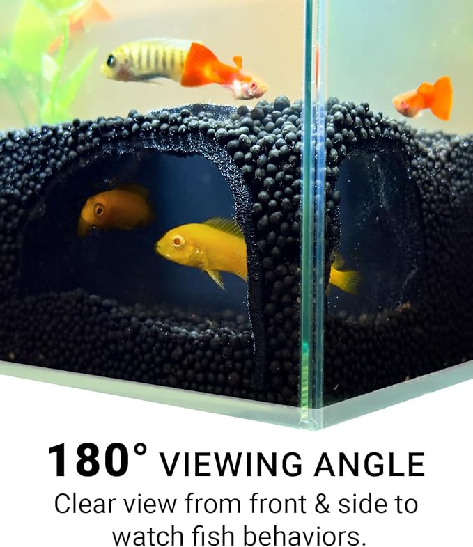 Aquarium Cave – Rock Texture Fish Shelter with 180° Viewing Angle, Betta Fish Tank Accessories, Shrimp & Snails – Aquarium Decor & Tunnel (Black)