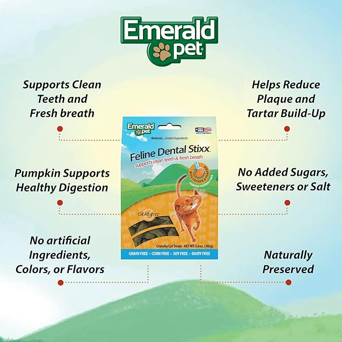 Emerald Pet Grain-Free Chicken Cat Dental Treats – Crunchy Dental Sticks for Cats to Clean Teeth, Reduce Plaque & Tartar, Freshen Breath – Pumpkin for Digestive Health, Natural Cat Chews, 3.6 oz