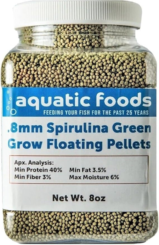 Aquatic Foods Inc. Spirulina Micro .8mm Floating Pellets for African Cichlids, Discus, Guppies, Baby Cichlids, Baby Koi, Tetras, Live Bearers, All Tropical and Pond Fish...8oz Jar