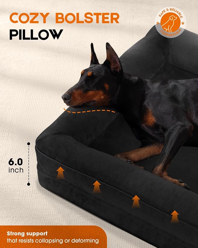 Upvilla Orthopedic Dog Bed XXL, Four-Sided Dog Sofa, Washable Cover, Black | Removable Waterproof Dog Bed Cover, Egg-Crate Orthopedic Foam, Built-In Carry Handle, Indoor Large Pet Beds, Cat Beds