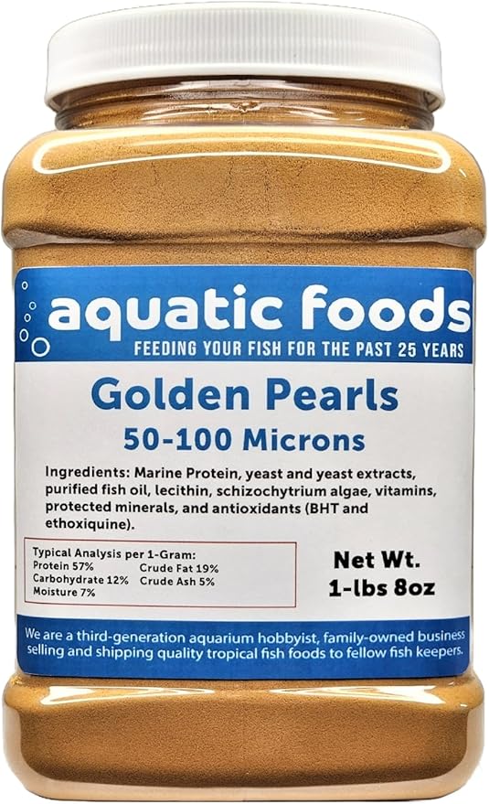 Aquatic Foods Inc. Golden Pearls 50-100 Micron Powder New Fry, Babies of Shrimp, Axolotls, Discus, Cichlids, Catfish, Tetras, Angel Fish, Guppies, Bettas, Goldfish, Corals, Reefs…1-lb 8oz Med Jar