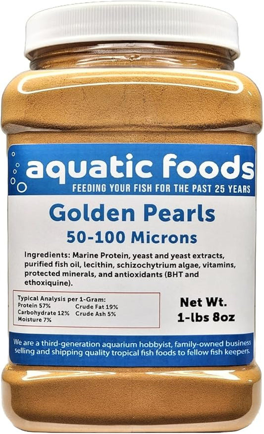 Aquatic Foods Inc. Golden Pearls 50-100 Micron Powder New Fry, Babies of Shrimp, Axolotls, Discus, Cichlids, Catfish, Tetras, Angel Fish, Guppies, Bettas, Goldfish, Corals, Reefs…1-lb 8oz Med Jar