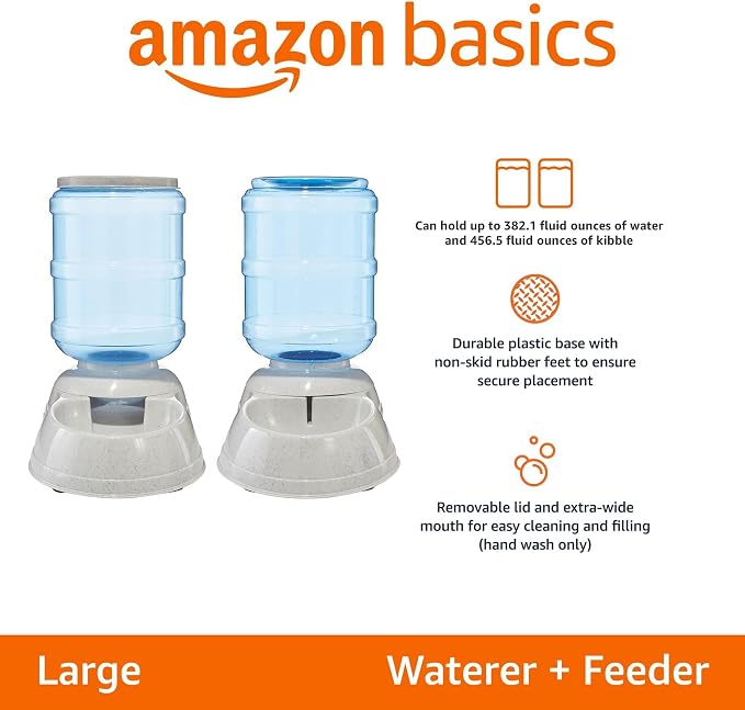 Amazon Basics Large Capacity Automatic Pet Water Dispenser and Gravity Feeder Set, Easy to Clean, 456.6fl.oz Food, 382.1fl.oz Water, Pack of 2