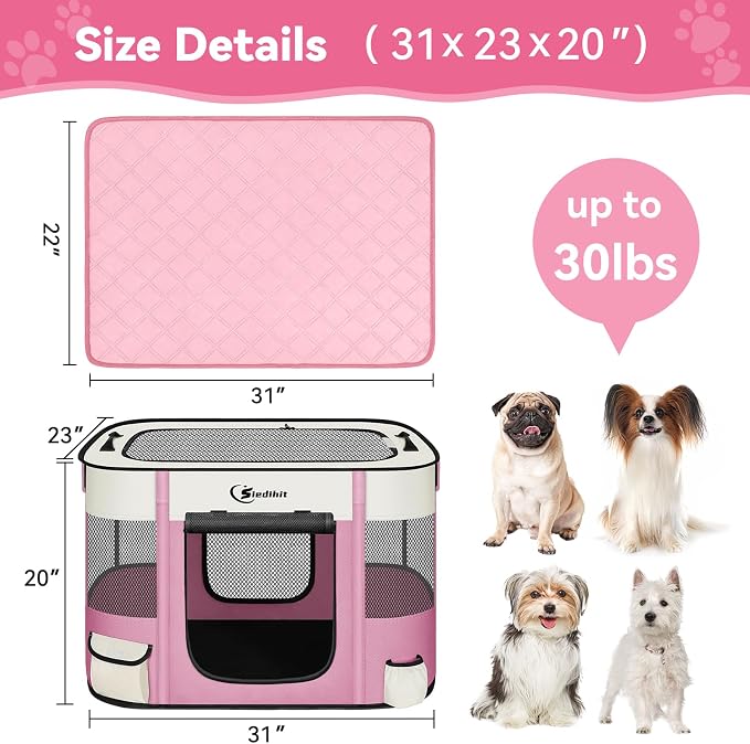Siedihit Dog Playpen, Cat Pet Puppy Crate, Portable Playpens Indoor Outdoor (Pink with Pad, Medium)
