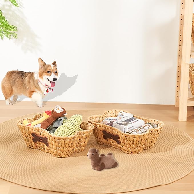 Wicker Basket for Pet Toys, 2 Pack Stylish and Natural Dog and Cat Toy Basket, Dog Storage Organizer with Bone Shape