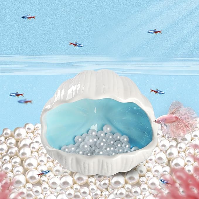 AnRui Cute Betta Fish Tank Decor Ceramic Conch Shell-Shaped House Thematic Hideout Cave for Fish Playing or Hiding Underwater World Aquarium Background Pearl Ornament, Blue