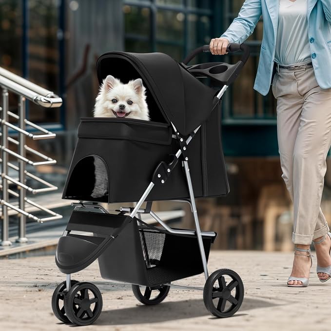 Magshion 3-Wheel Pet Stroller for Small/Medium Dog Cat, Up to 33lbs, Black | Foldable Travel Jogger w/ Breathable Mesh Cover, Lightweight Design, Safety Tethers, Cup Holder & Storage Basket