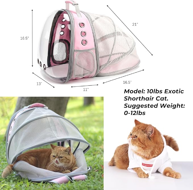 Cat Carrier Backpack, Expandable Bubble Pet Carrier for Cats and Small Dogs, Airline Approved Travel Backpack for Hiking, Walking & Outdoor Adventures - Supports up to 14 lbs