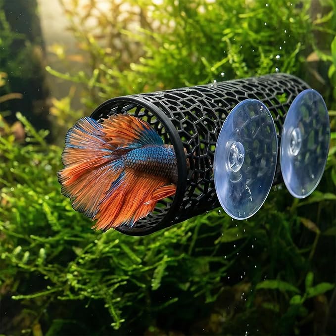 Betta Fish Tank Accessories, 2 Pcs Black Tunnel Cave with Suction Cups, Hollow Hammock Hideout Tube Shelter for Small Fish Shrimp Guppies