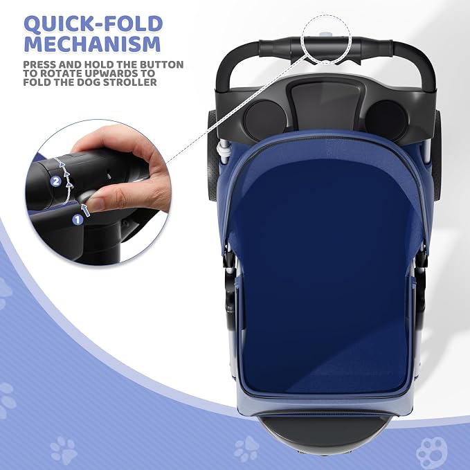 Magshion 3-Wheel Pet Stroller for Small/Medium Dogs Cats, Up to 33lbs, Navy | Foldable Travel Jogger w/ Breathable Mesh Cover, Lightweight Design, Safety Tethers, Cup Holder & Storage Basket