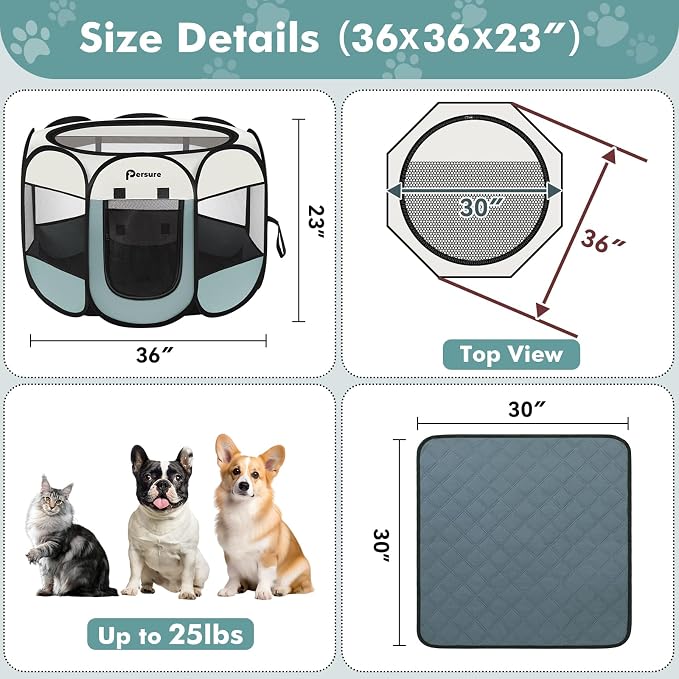 Persure Dog Cat Pet Playpen Puppy Crate Cage for Indoor Outdoor Travel | Nursing Rest Zone Recovering Pet Quarantine Room Portable Pop Up Easy to Set up lightweight (Grey with Pad, Medium)