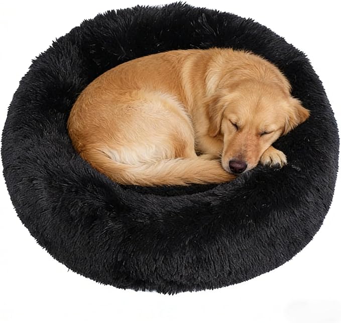 Calming Donut Dog Beds Large Sized Dog - Washable Removable Cover Non-Slip, Round Pet Bed Warming Fluffy Plush Faux Fur Anti-Anxiety Thick Cushion, Fits up to 80 lbs (Black, 36")