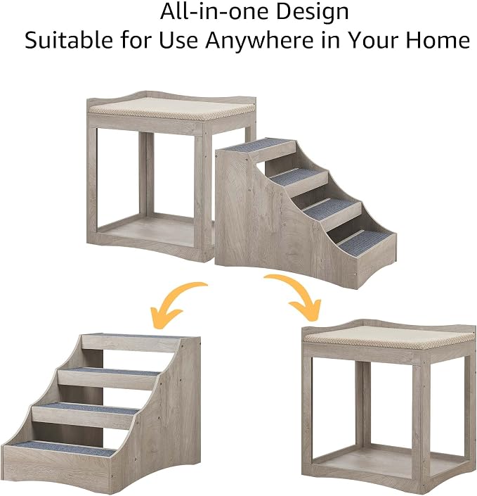 unipaws Large Pet Bunk Bed with Removable Step for Dogs and Cats | Multi-Level Bed Window Perch Seat Platform with Cushion, Indoor Use, Grey