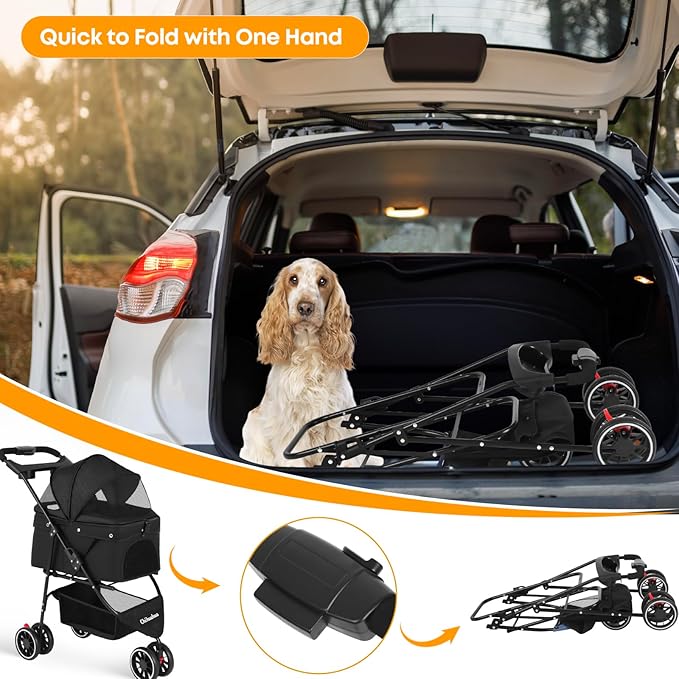 Pet Stroller,Dog Stroller for Small Medium Dogs Cats,3 Wheels,Black | Foldable,with Breathable Mesh Canopy,Cup Holders,Easy Assembly