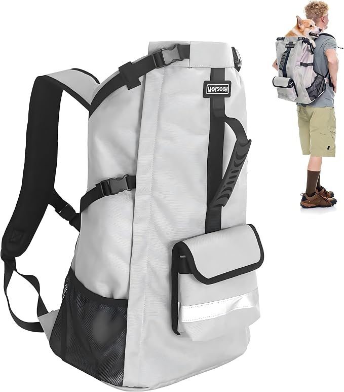 Waterproof Dog Backpack Carrier for Medium Dogs Under 30 lb, Grey | 4-Layer Protection, Adjustable Dog Hiking Backpack with Storage Pockets, Reflective Strips, Non-Slip Handle for Travel