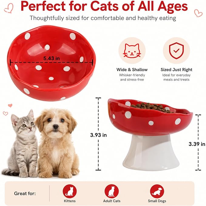 Red Mushroom Cat Bowl, Elevated Ceramic Bowl for Cats | Cute Mushroom, Elevated, Ceramic, Whisker Friendly, Wide Opening, Stable, Easy Clean