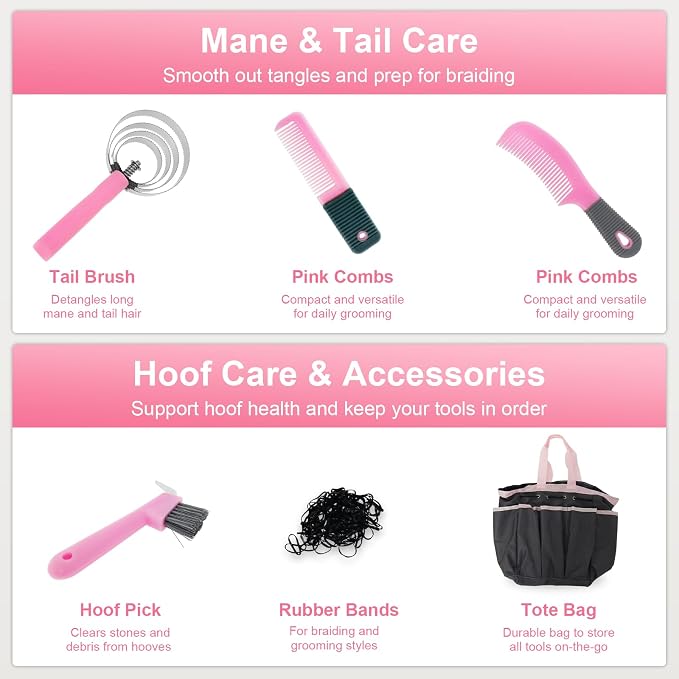 Horse Grooming Kit 13 Pack, Horse Brushes for Grooming Supplies Set with Tote Bag, Horse Tack Supplies with Gloves & Brush for Equine Care and Bathing (Pink)