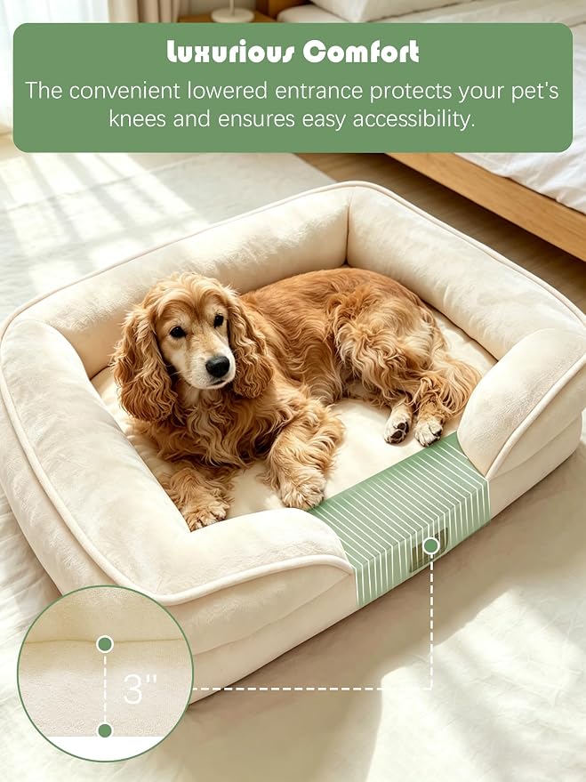 Spotted Play Orthopedic Dog Bed with Sides - Sofa Beds for Large Dogs, Supportive Foam Pet Couch Bed with Washable Removable Cover, Waterproof Lining and Non-Slip Bottom, Ivory - L