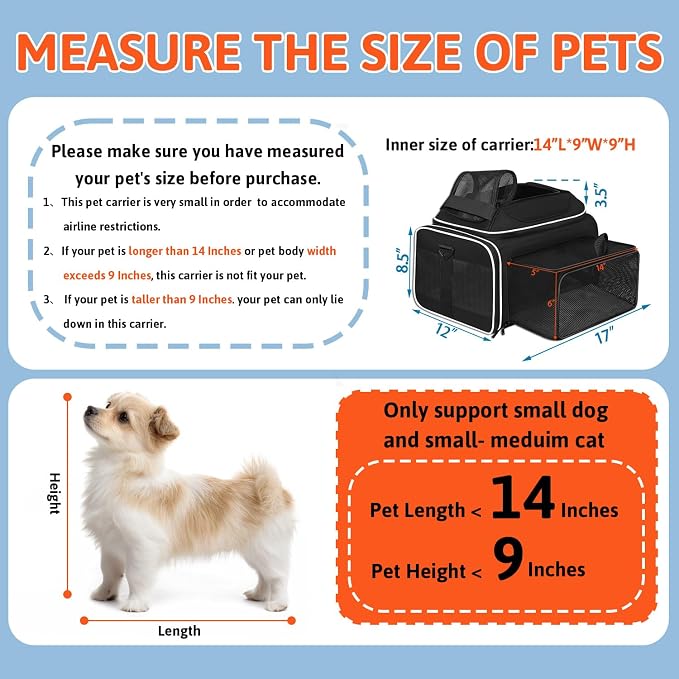 Petskd Top and Side Expandable Pet Carrier 17x12x8.5 Inches JetBlue Frontier Spirit Airline Approved, Soft-Sided Carrier for Small Cats and Dogs with Locking Safety Zipper and Anti-Scratch Mesh(Black)