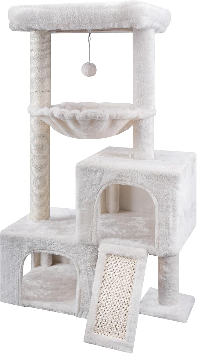 AIWIKIDE 37.4" Cat Tree Tower with Twin Cat Condos for Indoor Cats, All-in-One Activity Center with Cat Scratching Post Cozy Sleeping Perch Hammock and Toy Balls,Beige