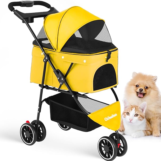 Pet Stroller,Dog Stroller for Small Medium Dogs Cats,3 Wheels,Yellow | Foldable,with Breathable Mesh Canopy,Cup Holders,Easy Assembly