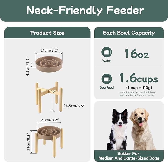 Havniva Elevated Slow Feeder Dog Bowls, Ceramic Dog Bowl Slow Feeder | 1.6 Cups Raised Slow Feeding Bowl for Medium Breed, Puzzle Dog Food Bowl with Wooden Stand, Non-Slip, Anti-Choking