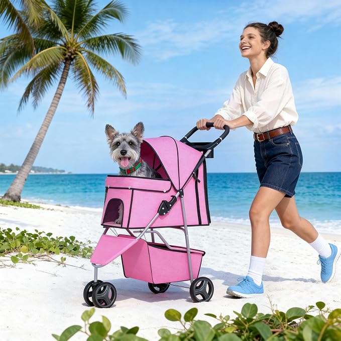 BestPet | 3-Wheel Pet Stroller | Pink | Foldable Dog and Cat Stroller | Breathable Mesh | Lightweight, Waterproof Travel Carrier with Cup Holder & Storage Basket | for Daily Walks & Outdoor Use