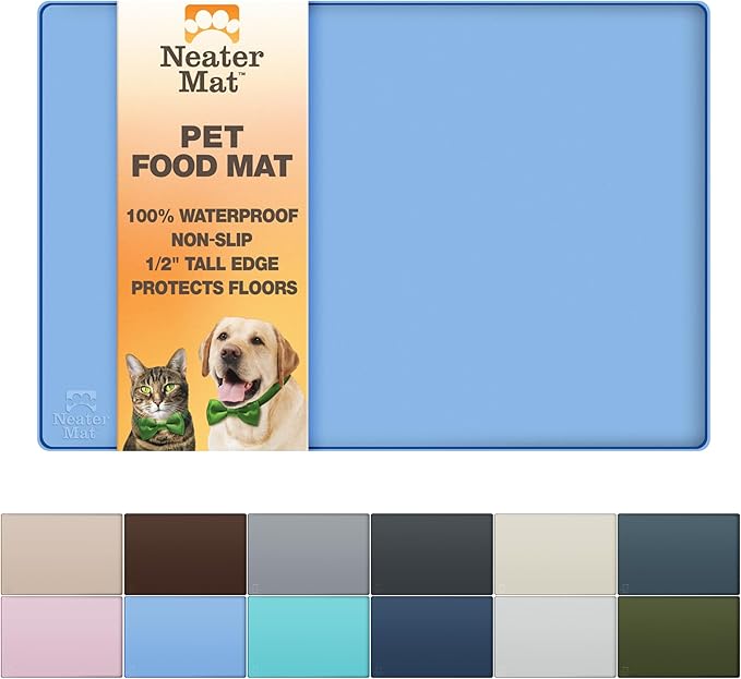 Neater Pet Brands Neater Mat Pet Mats for Food and Water, Cat & Dog Bowl Mat Waterproof Silicone, Feeding Tray, Dog Food Mats for Floors, Placemat w/Raised Edge for Under Bowls, 19” x 12”, Light Blue