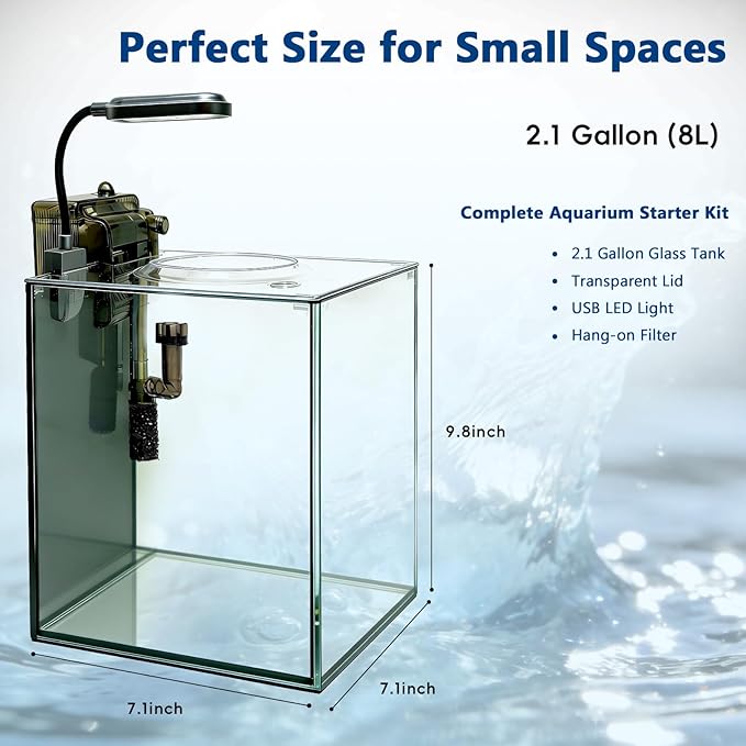 2.1 Gallon Nano Aquarium Kit with Lid, Space Saving Hang-On Filter and LED Light, Ultra-Clear Rimless Glass Desktop Fish Tank for Small Fish, Shrimp, and Betta