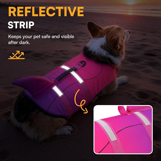 Dog Life Jacket High Flotation, Reflective Dog Life Vest for Swimming, Adjustable Dogs Life Preserver Rescue Handle Spring Summer Pool for Small, Medium, Large Dogs (Pink Purple,XS)