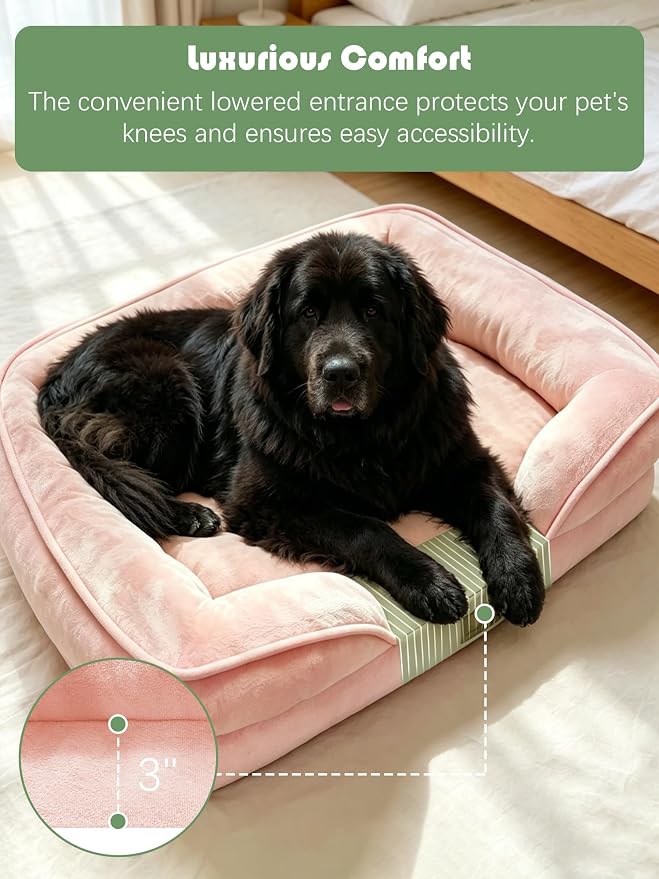 Spotted Play Orthopedic Dog Bed with Sides - Sofa Beds for Extra Large Dogs, Supportive Foam Pet Couch Bed with Washable Removable Cover, Waterproof Lining and Non-Slip Bottom, Pink - XXL