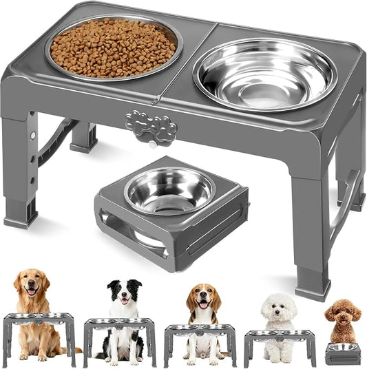 COMESOON Elevated Dog Bowls, 5 Adjustable Heights (3.9"-13.4") Raised Dogs Food Bowl Stand for Medium Large Sized Dogs, Non-Slip Foldable Travel Pet Feeder Grey with Stainless Steel Bowls
