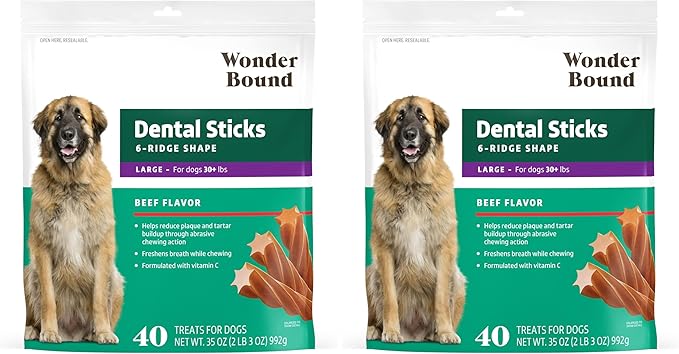 Wonder Bound Beef Flavor Dental Sticks for Large Dogs (Over 30 lbs), 6-Ridge Shape for Plaque & Tartar Control, Freshens Breath, Formulated with Vitamin C, 40 Count (Pack of 2)