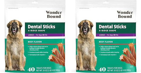 Wonder Bound Beef Flavor Dental Sticks for Large Dogs (Over 30 lbs), 6-Ridge Shape for Plaque & Tartar Control, Freshens Breath, Formulated with Vitamin C, 40 Count (Pack of 2)