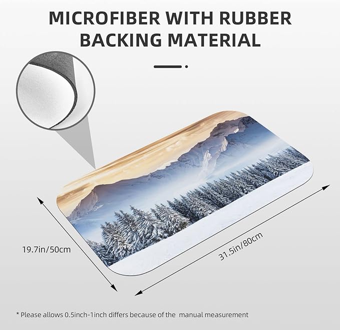 Door Mat, Winter Quick Dry Bath Mat, Fantastic Landscape with Snowy Mountains Pine Trees, 31.4" W x 19.6" L, Multi-Purpose Rubber Floor Mat,Multicolor