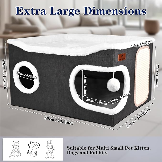 Extra Large Cat Beds for Indoor Cats, Covered Cat Cave Beds & Furniture with Scratch Pad and Fluffy Ball, Foldable Cat Condo with Reversible Cushion for Multi Small Pet Large Kittens, Dark Grey