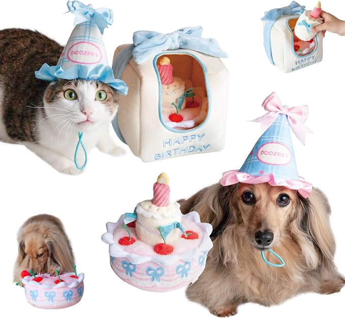 Birthday Cake Snuffle Toy Set, Pink and Blue, Polyester, Nose Work Puzzle Toy for Dogs and Cats