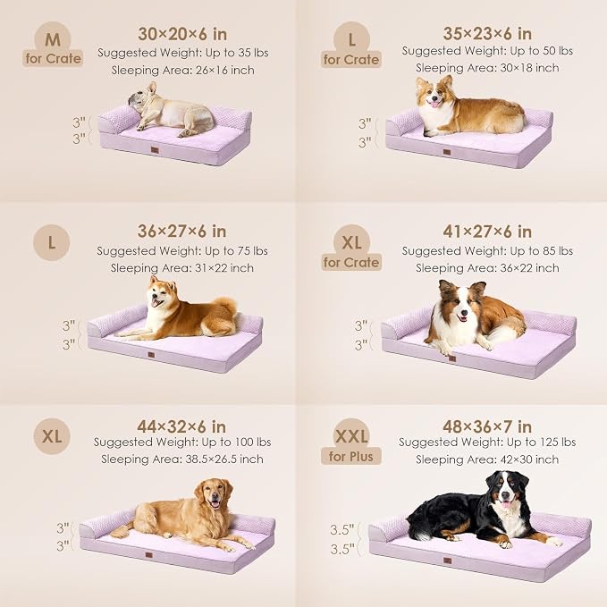 EHEYCIGA Memory Foam Dog Bed for Crate, L Plus Orthopedic Dog Bed, Lilac | Washable Removable Cover, Waterproof Flat Pet Sofa Couch with Nonskid Bottom, 41x27x6.5