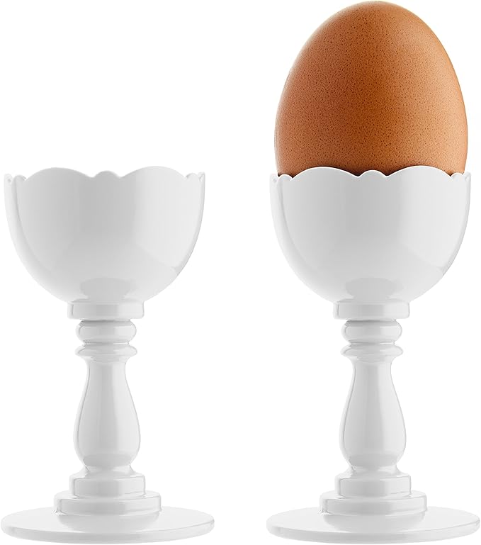 Alessi Dressed Egg Cup in Thermoplastic Resin and Spoon with Soft Boiled Egg Opener in 18/10 Stainless Steel Mirror Polished, White