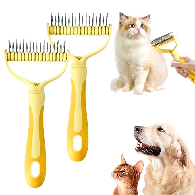 Double-Sided Pet Grooming Brush for Dogs and Cats, 2026 New Dog Deshedding Brush, Dematting Comb Removes Tangles Knots and Loose Fur, Ergonomic Pet Grooming Tool (Yellow*2)