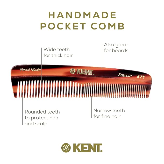 Kent R7T Fine and Wide Tooth Hair Comb, Handmade Pocket Comb for Men, Beard and Mustache Combs for Everyday Grooming and Styling, Sawcut Kent Combs, Made in England