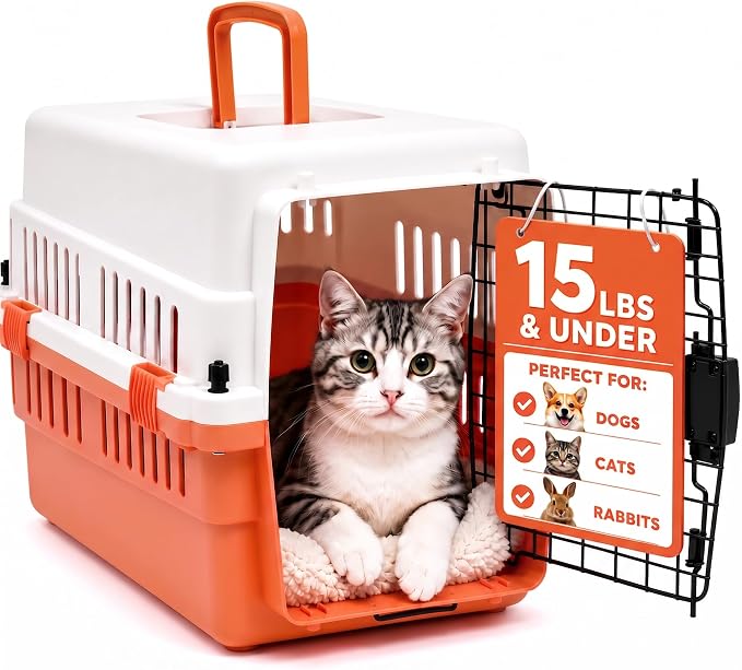 Hard-Sided Pet Carrier for Cats and Small Dogs, 20" Sturdy Travel Kennel with Secure Wire Door & 360° Ventilation, Portable Plastic Crate for Vet Visits & Car Travel (White/Orange)